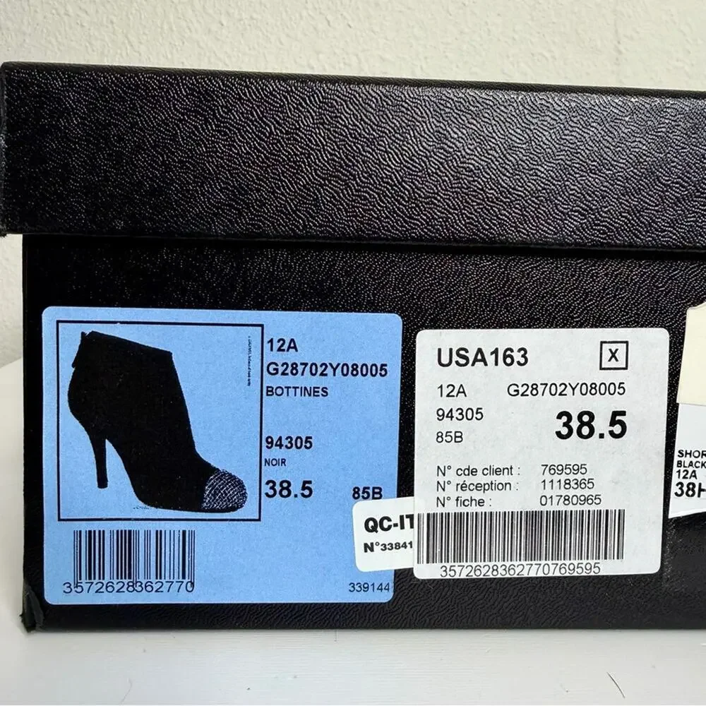 Chanel Beaded Ankle Booties Black Cap Toe Heels 38.5 CC Logo